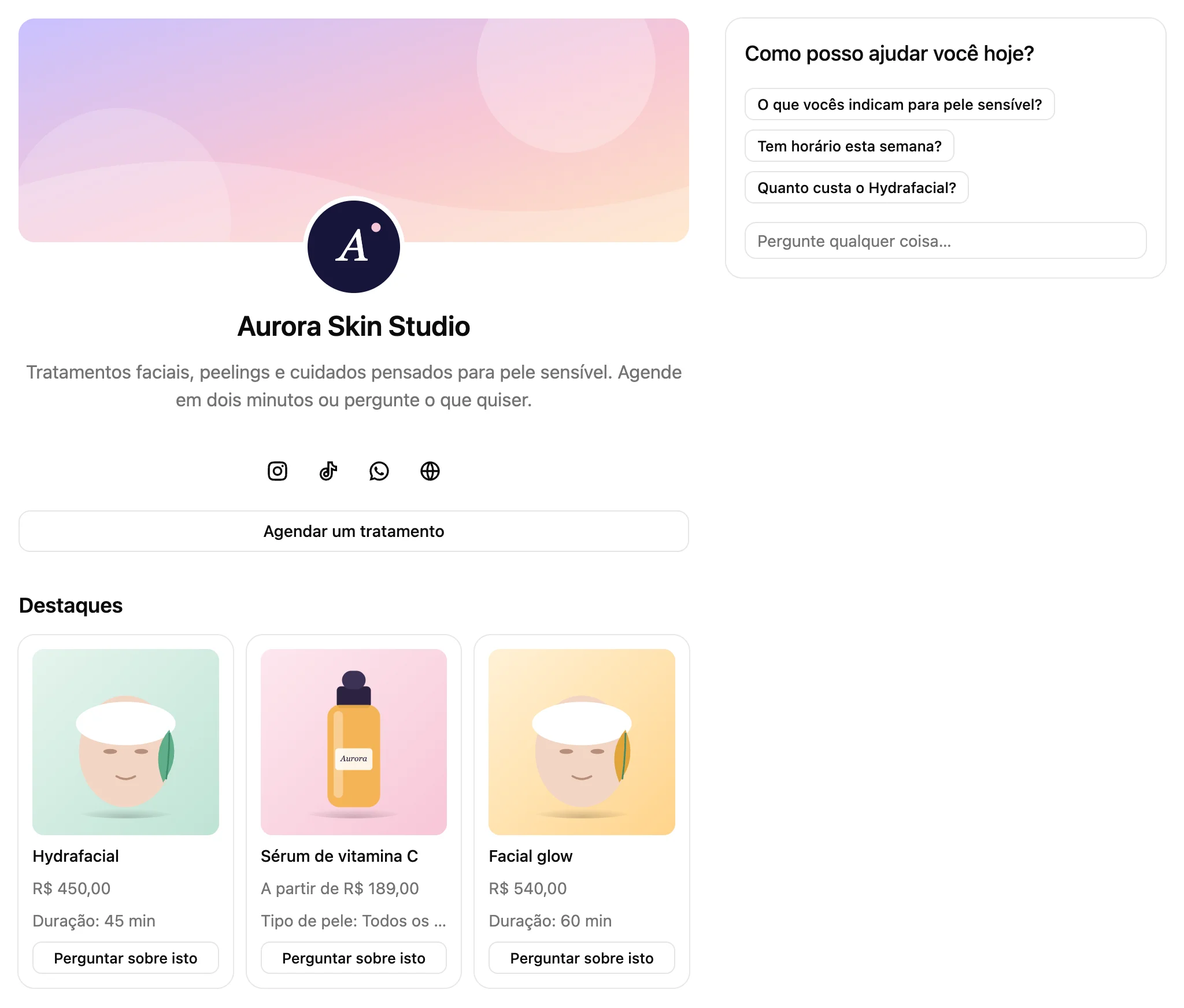 Uma página CLink de um estúdio de cuidados com a pele: capa, logo, descrição, redes sociais, um botão para agendar, produtos em destaque com preços e o chat com IA com perguntas sugeridas