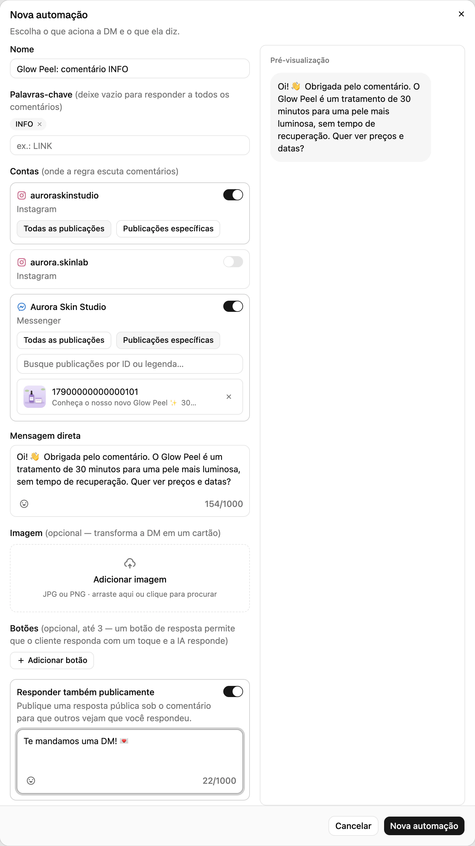 O diálogo Nova automação na Ciarem com uma palavra-chave, uma conta do Instagram e uma Página do Facebook selecionadas, e a mensagem direta preenchida