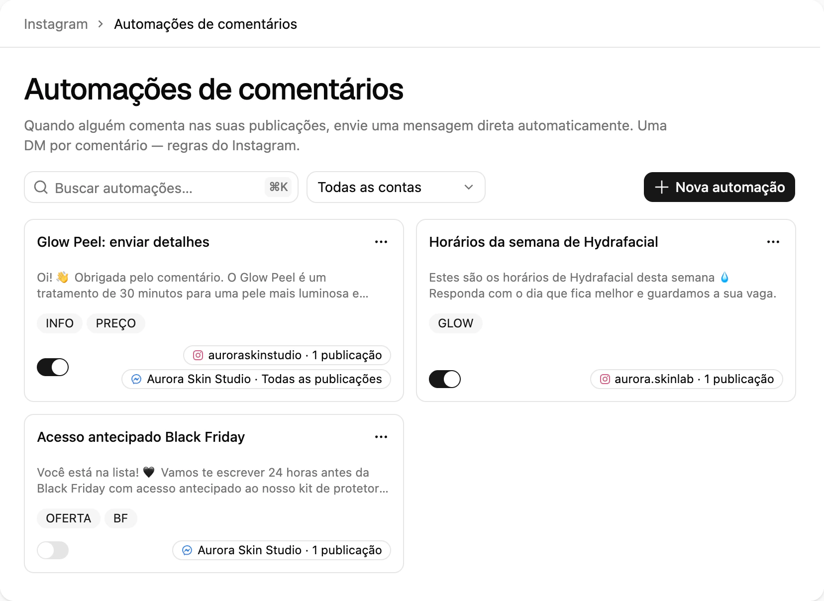 A lista de Automações de comentários na Ciarem: regras com palavras-chave, prévia da DM, interruptor e alcance de publicações