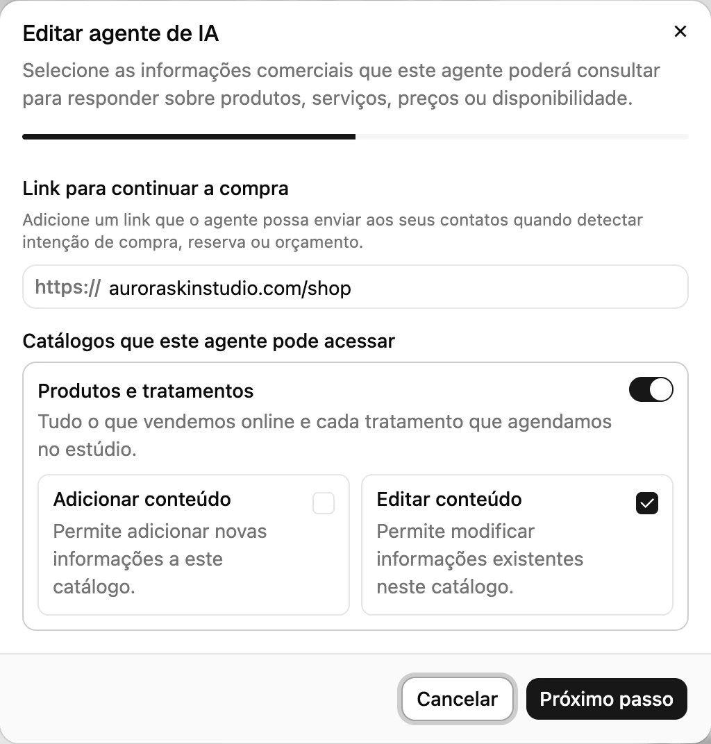 Catálogos que este agente pode acessar na configuração de um agente, com o botão do catálogo e as permissões Adicionar conteúdo e Editar conteúdo
