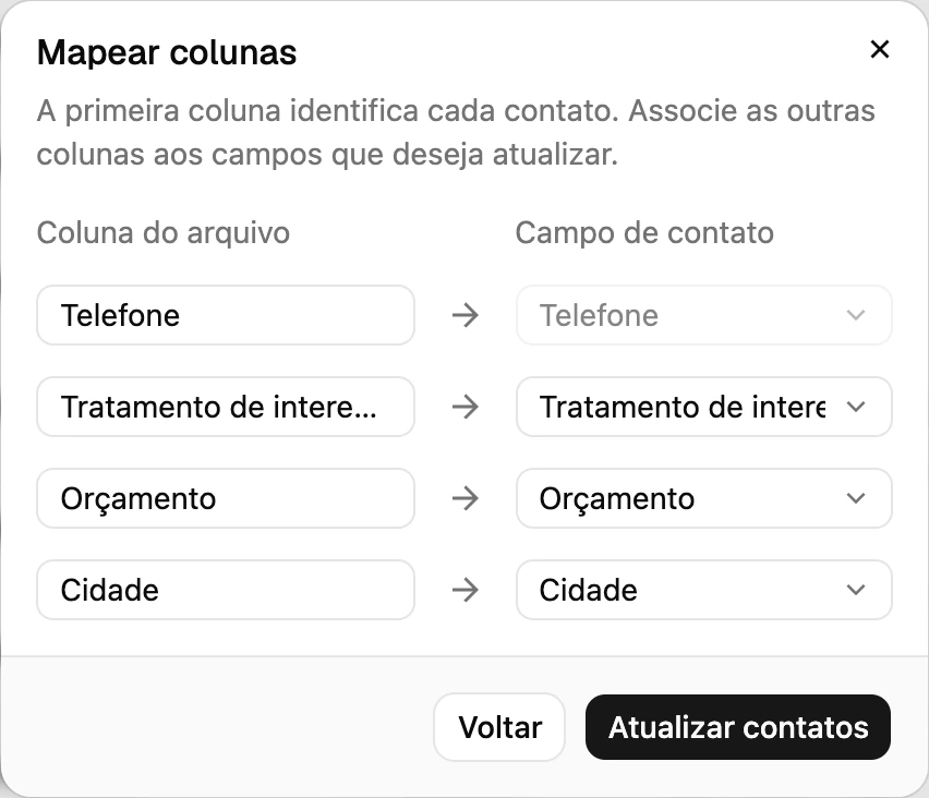 A janela de Atualização em massa de contatos com Identificar contatos por Telefone e um código de país padrão