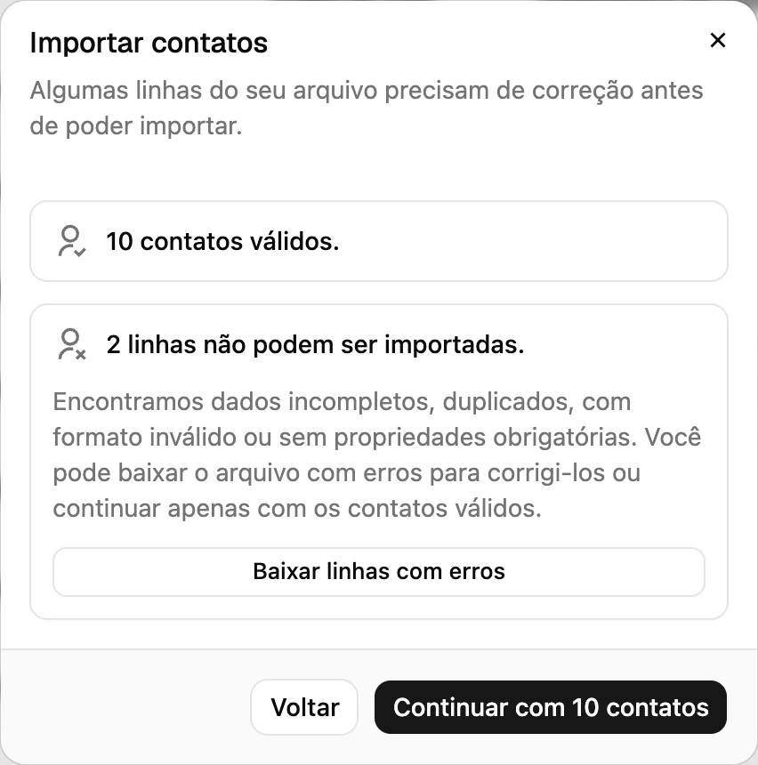 A etapa de revisão da importação: quantos contatos são válidos, quantas linhas não podem ser importadas e a opção de baixar as linhas com erros
