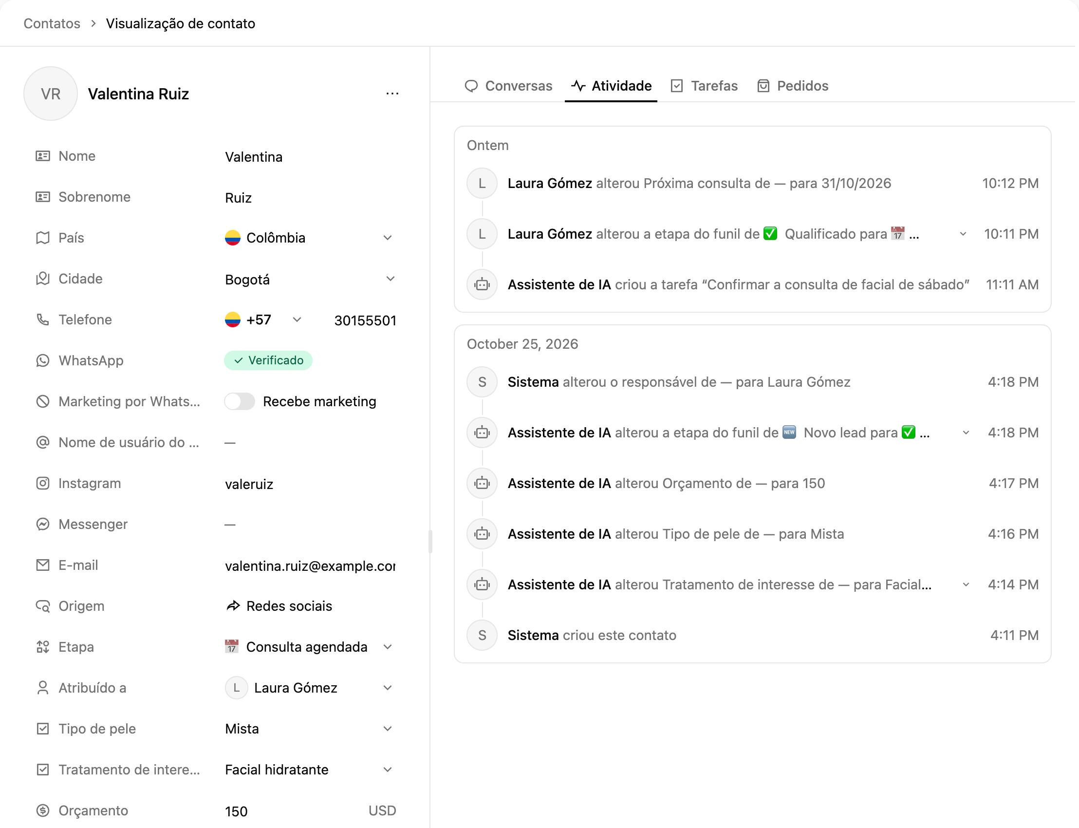 O registro de um contato com as identidades por canal, origem, etapa, responsável, propriedades personalizadas e a aba Atividade