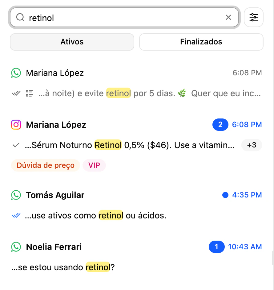 A busca da Caixa de entrada da Ciarem: um resultado com a mensagem encontrada destacada e um selo com mais ocorrências na mesma conversa