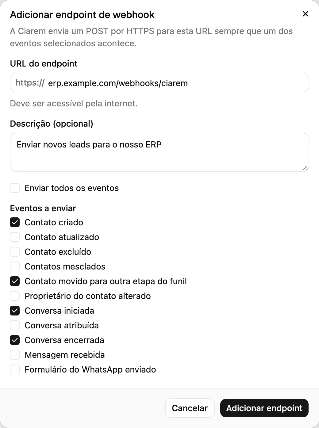 O formulário Adicionar endpoint com a URL do endpoint e a lista de eventos a enviar