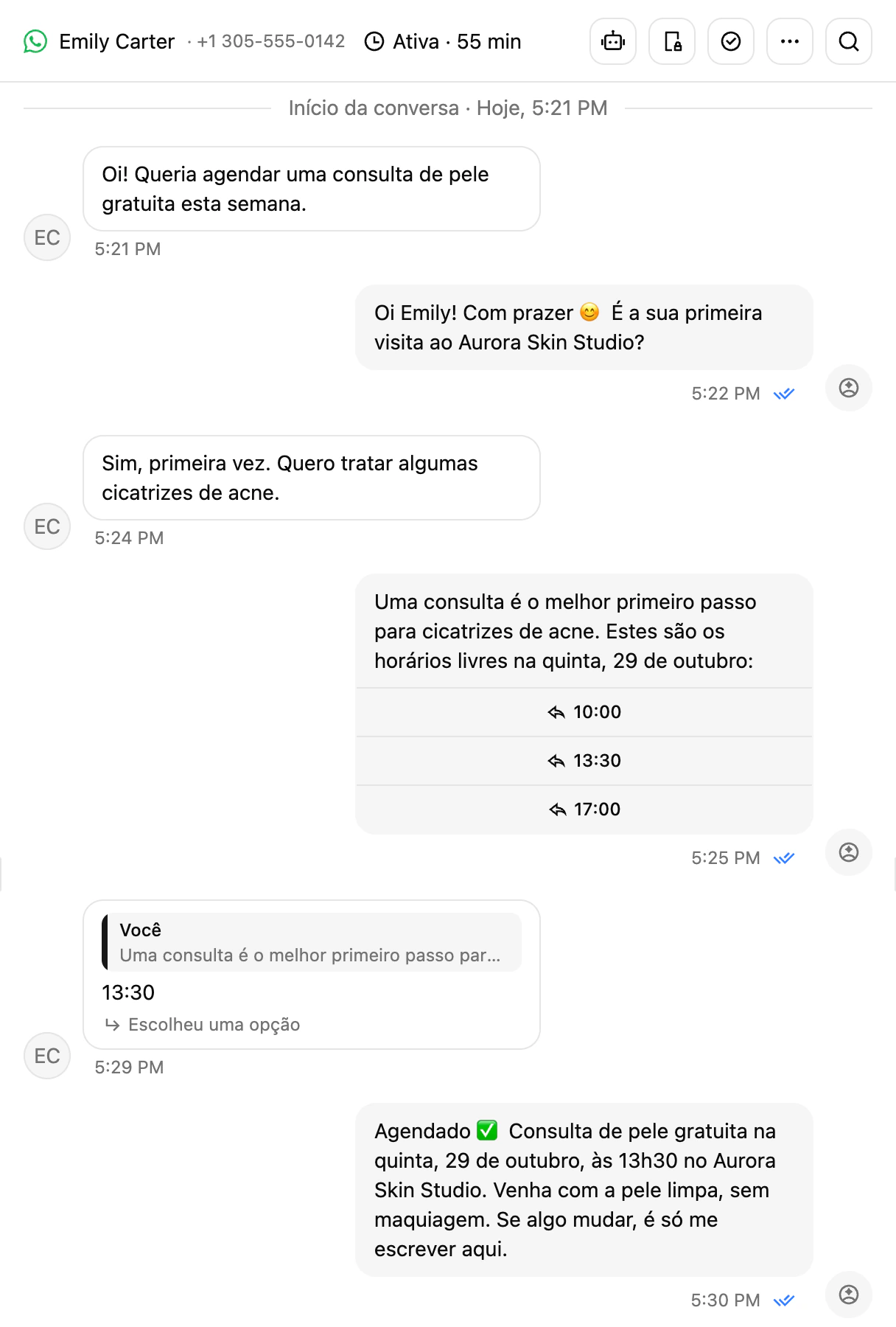 Uma conversa no WhatsApp em que o agente de IA oferece horários livres como botões e confirma o compromisso marcado