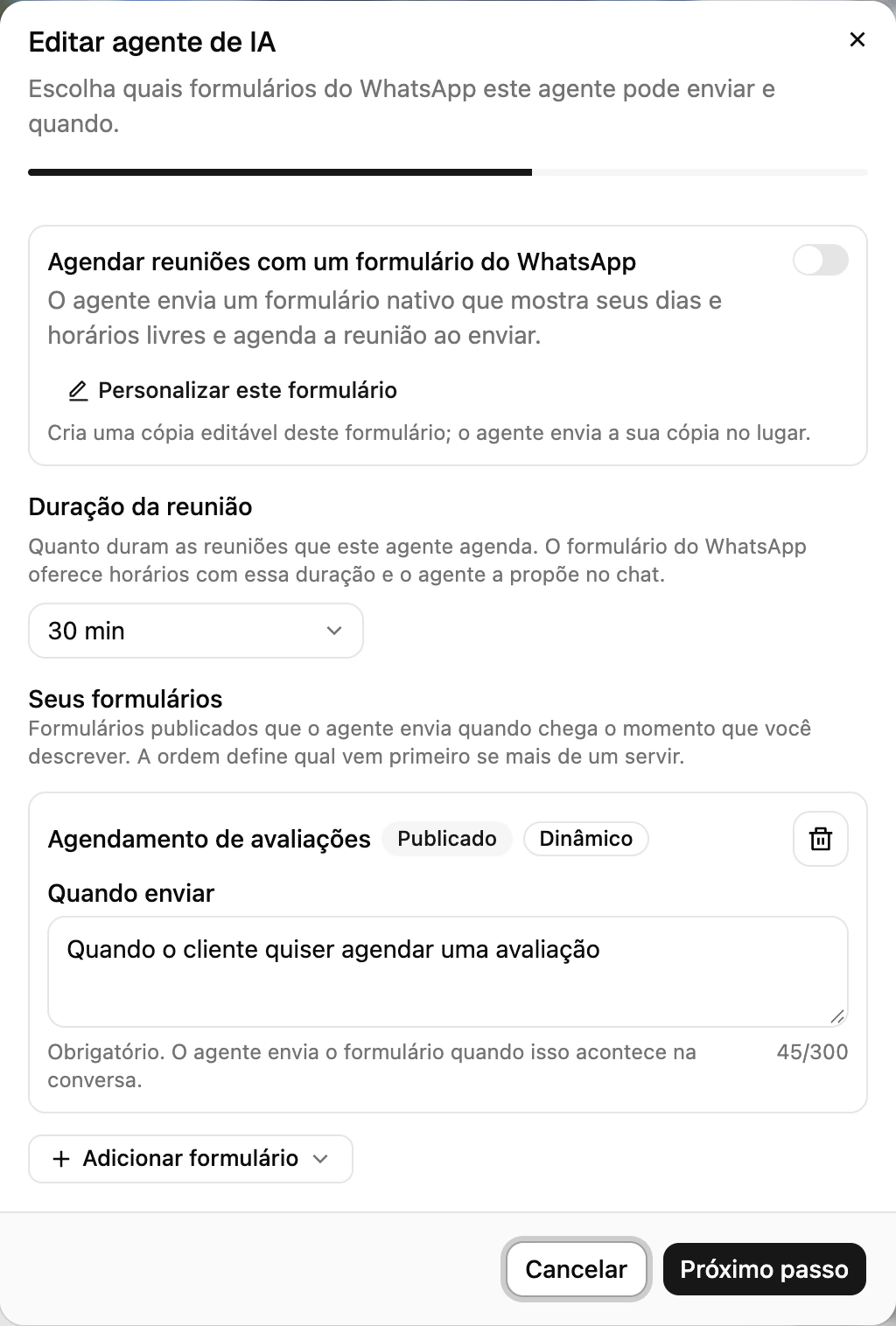 As configurações do Agente de agendamento na Equipe de agentes, com as opções de Duração da reunião
