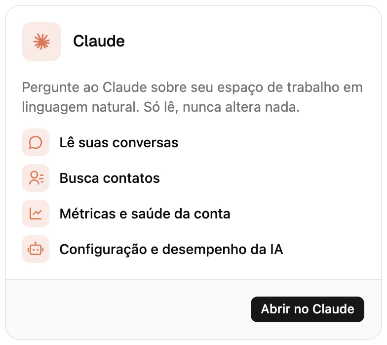 O cartão do Claude nas integrações da Ciarem, com o que o conector Ciarem AI pode consultar e o botão Abrir no Claude