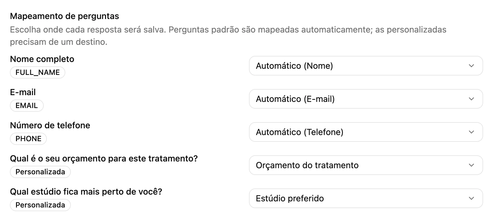 O Mapeamento de perguntas de um formulário instantâneo, com cada pergunta enviada a um campo do contato ou propriedade personalizada