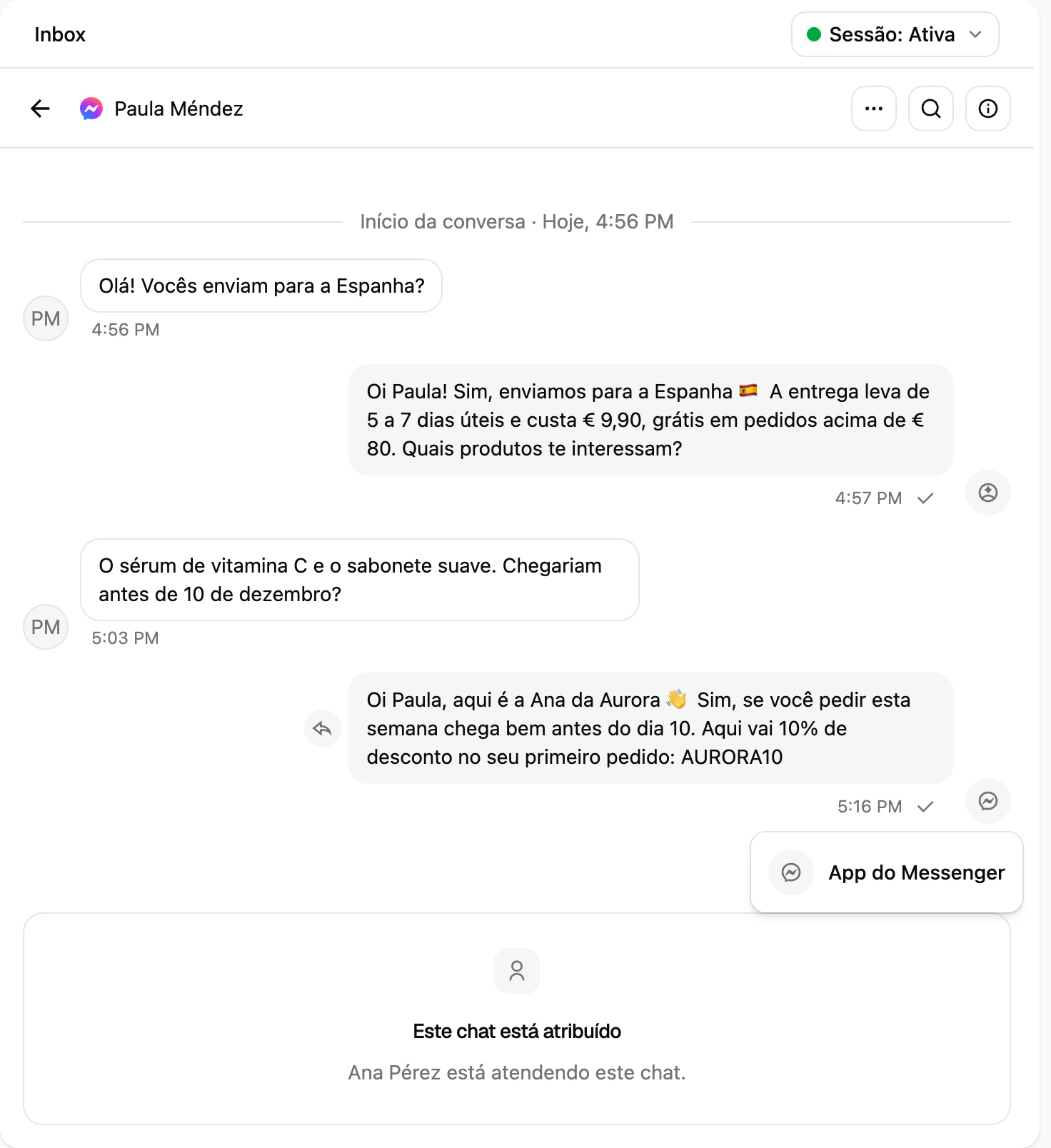 Um fio do Messenger na Ciarem com uma resposta enviada marcada como App do Messenger e a conversa passada para a equipe