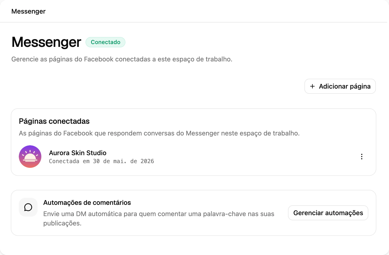 A página do canal do Messenger na Ciarem com uma Página do Facebook conectada e o cartão de automações de comentários