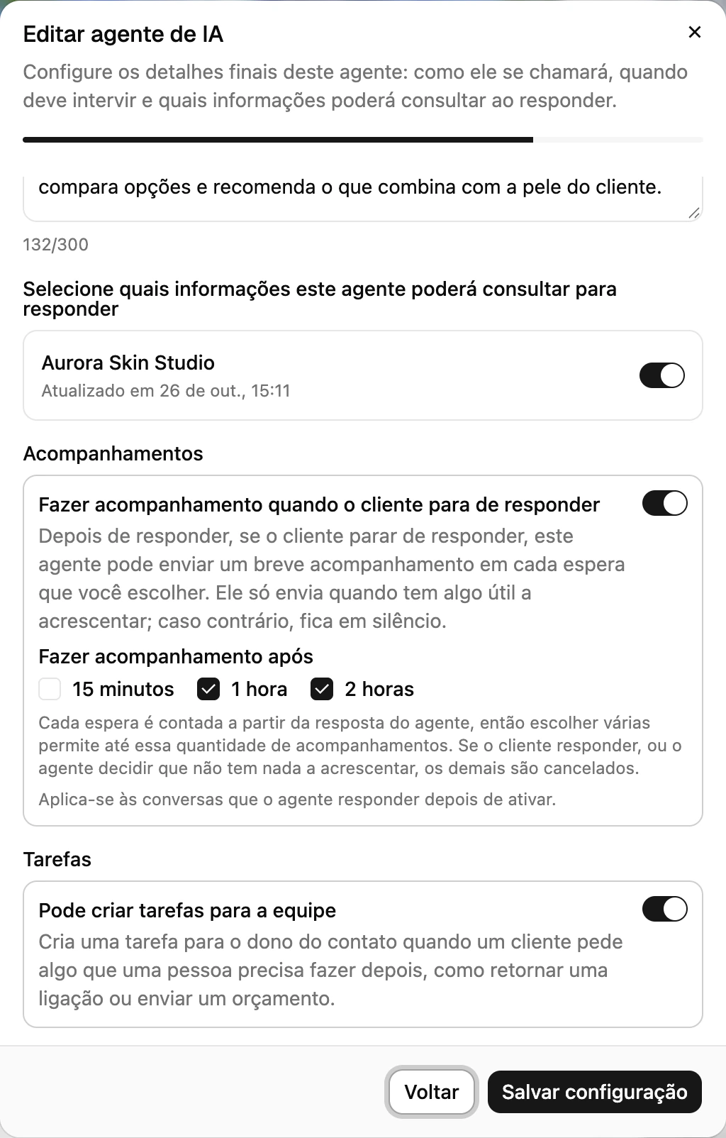 A configuração de um agente de IA na Ciarem com a opção Pode criar tarefas para a equipe ligada