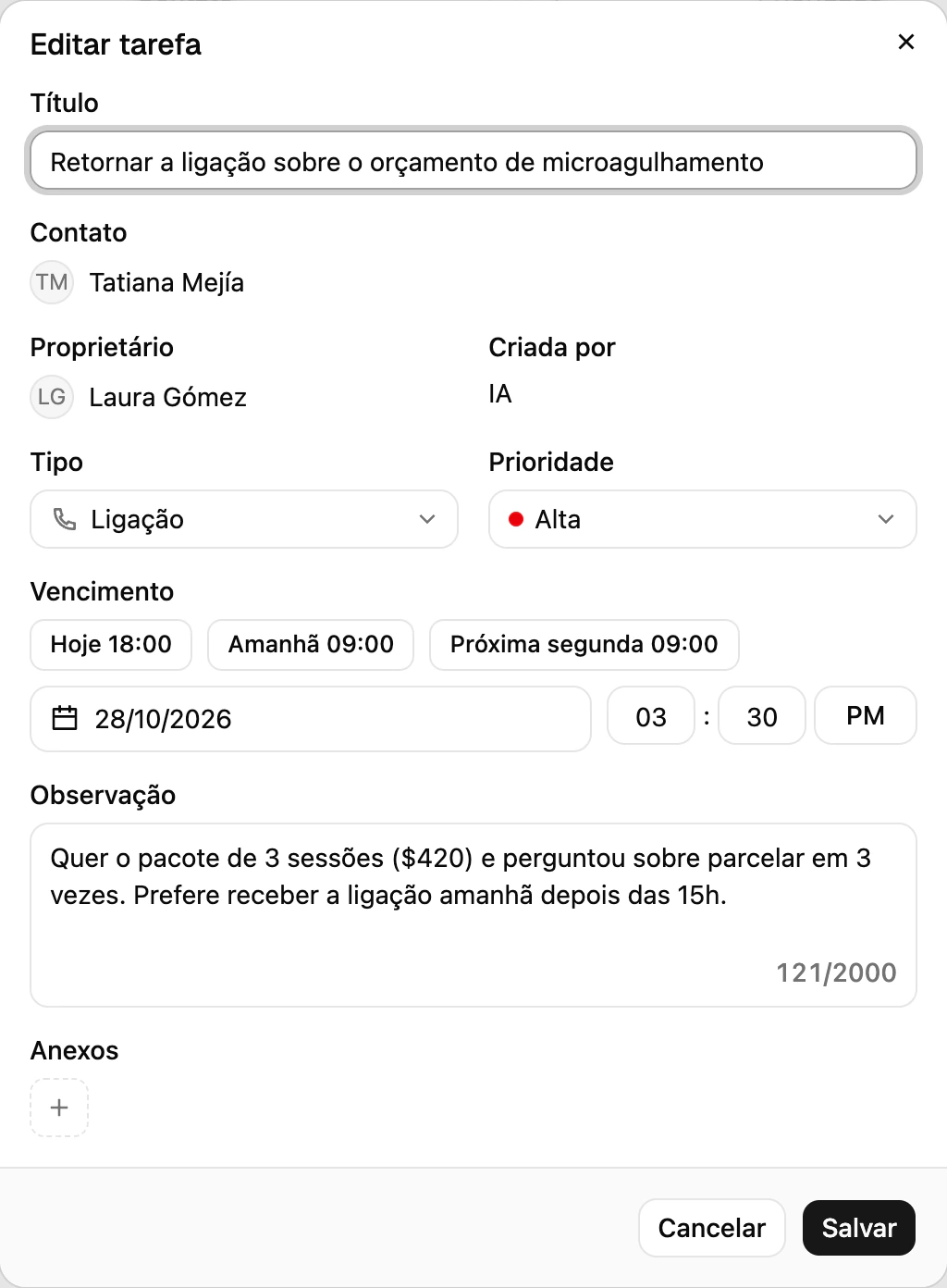 Uma tarefa aberta na Ciarem com tipo, prioridade, vencimento, observação, Proprietário e Criada por