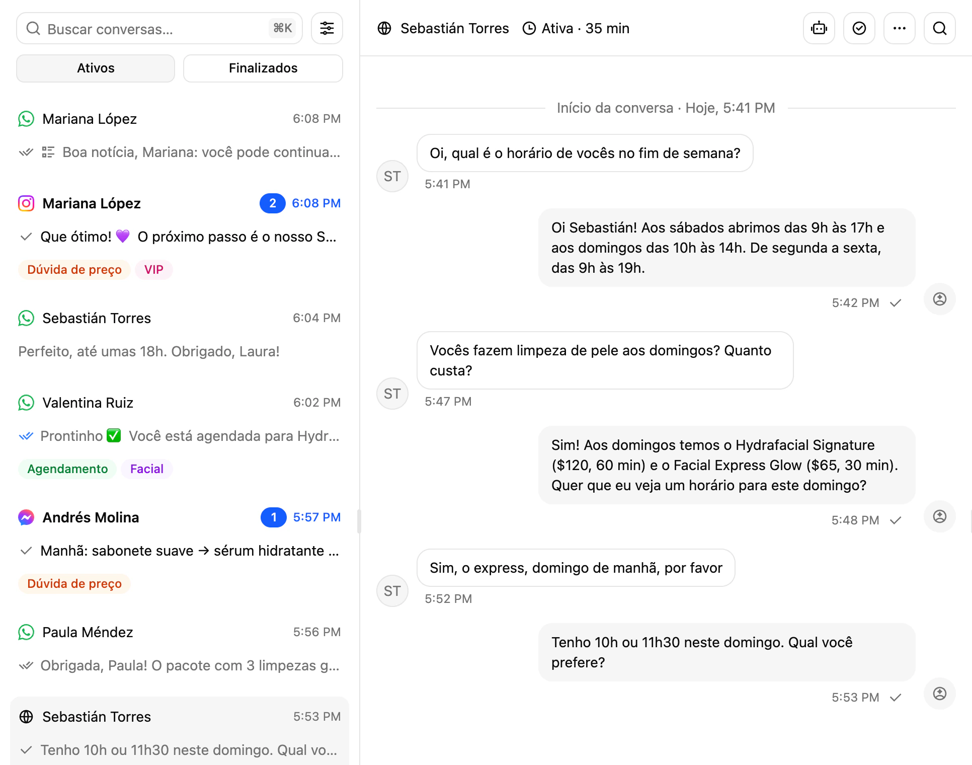Uma conversa do chat do site na Caixa de entrada da Ciarem, marcada com o canal do site e atendida pelo agente de IA