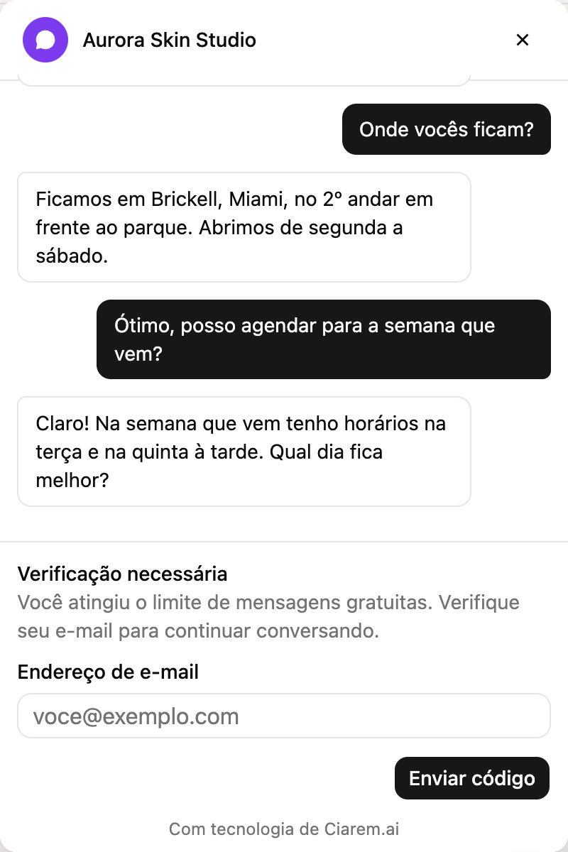 A bolha de chat do site pedindo ao visitante que se verifique por e-mail ou WhatsApp para continuar a conversa
