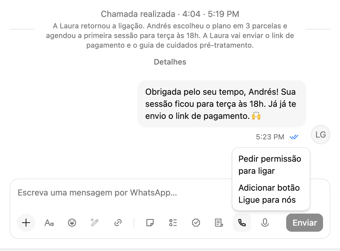 O menu Chamadas de voz do editor com Pedir permissão para ligar e Adicionar botão Ligue para nós