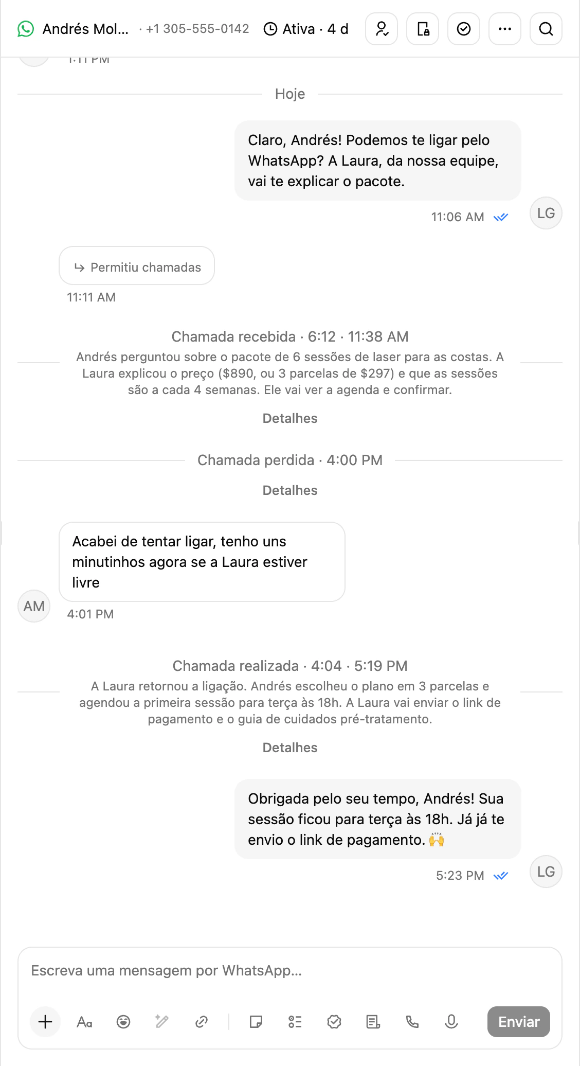 Uma conversa do WhatsApp com cartões de chamada recebida, perdida e realizada, cada um com seu resumo de IA