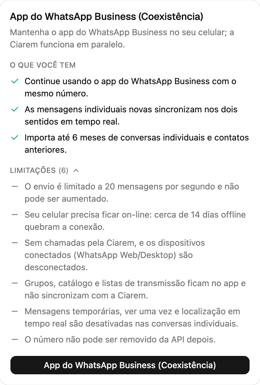 A opção App do WhatsApp Business (Coexistência) no seletor de conexão da Ciarem, com o que você tem e as limitações