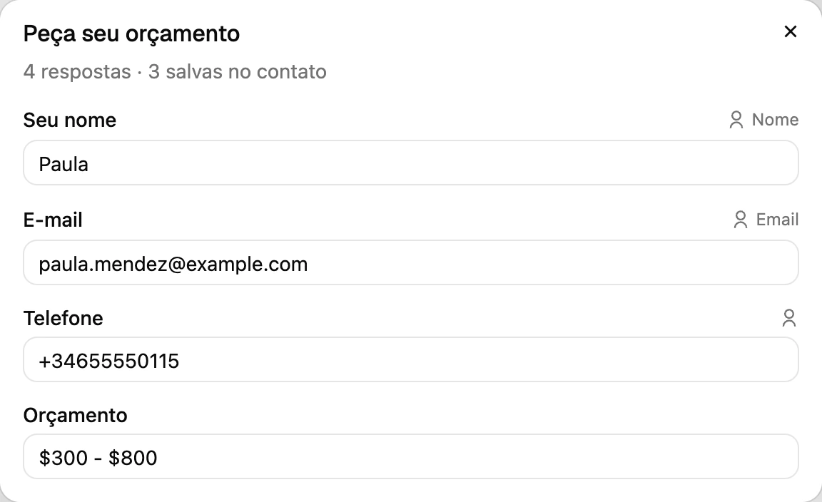 Uma conversa do WhatsApp com o cartão Formulário enviado e suas respostas, marcadas Salvo no contato