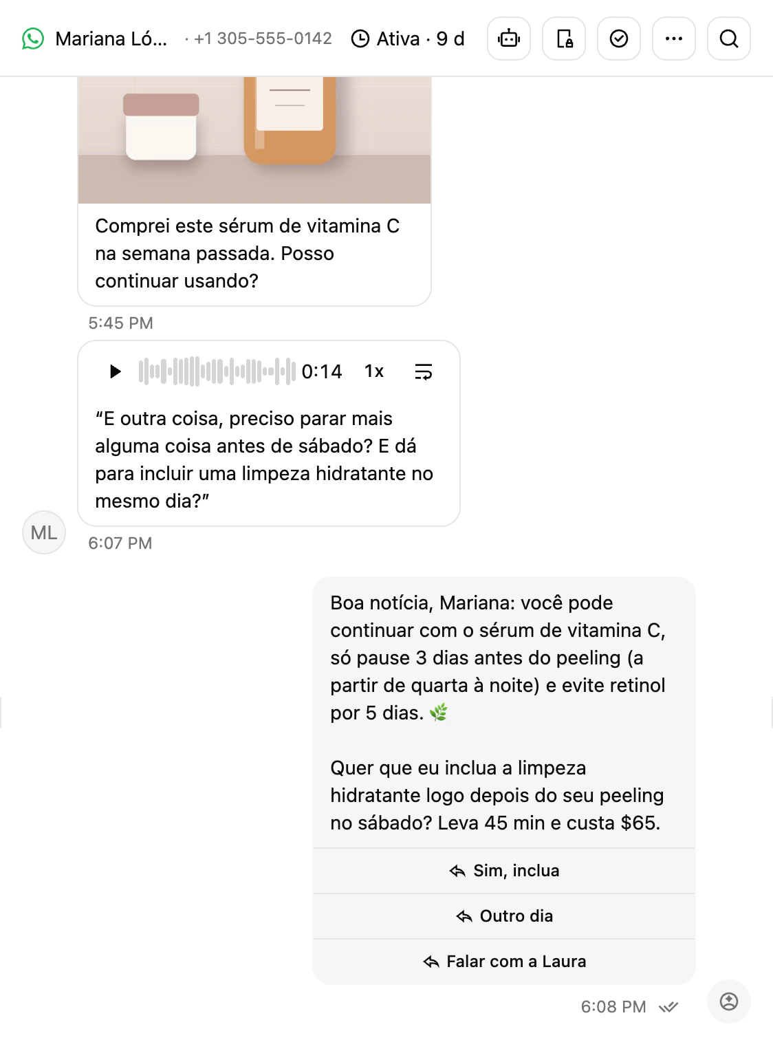 Uma conversa do WhatsApp na Caixa de entrada da Ciarem com uma foto, uma nota de voz transcrita e uma resposta da IA